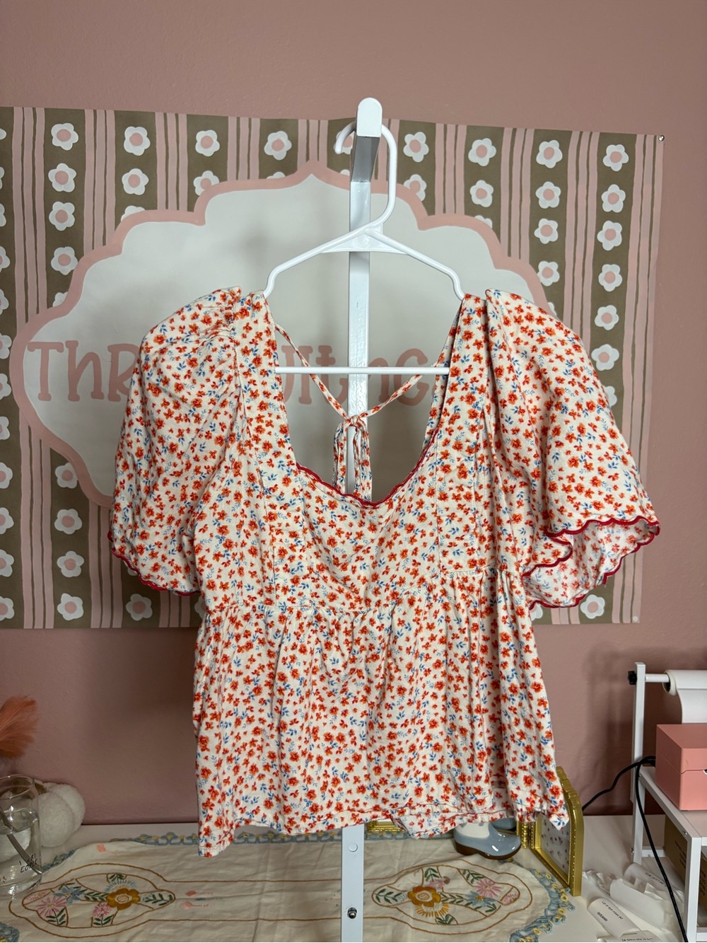 Floral Puff-Sleeve Peplum Top - Cream with Orange Floral